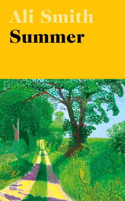Book cover for Ali Smith's Summer: bright yellow top with white author name and black title, below a lush painted forest path scene.