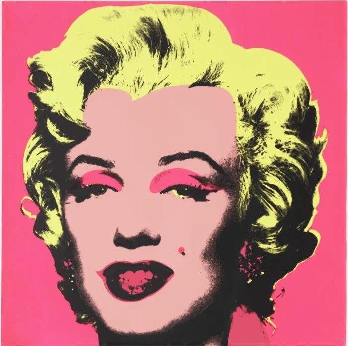 Pop art portrait of a woman with blonde hair, pink background, bold pink makeup, resembling Marilyn Monroe.