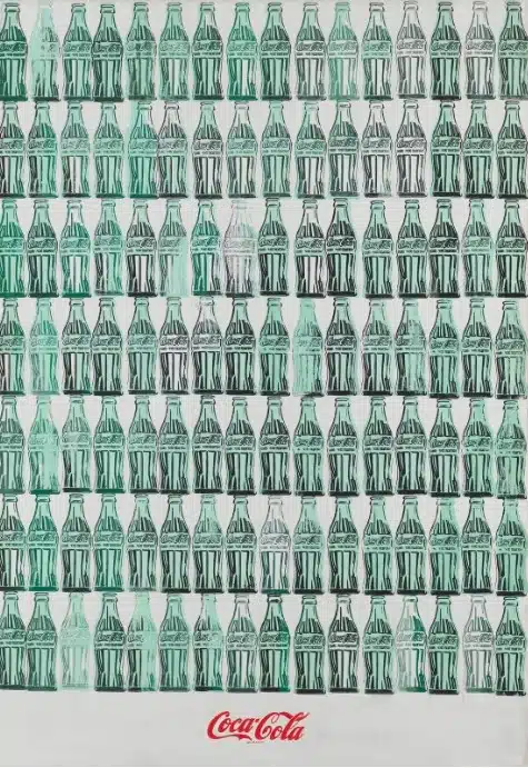 Pattern of mint-green Coca-Cola bottles arranged in a grid, with a red Coca-Cola logo at the bottom.