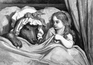 Gustave Dore She was astonished to see how her grandmother looked - Sivi's Books - Sivi's Books Gustave Dore She was astonished to see how her grandmother looked Gustave Dore She was astonished to see how her grandmother looked איור של גוסטב דורֶה לכיפה אדומה, 1862, ובו הילדה יושבת במיטה לצד הזאב המחופש לסבתא.