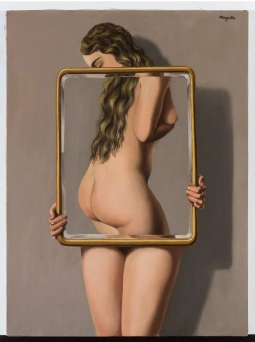 René Magritte The Dangerous Liaisons 1935 Nude woman seen from the back, holding a gold square frame in front of her torso, partially obscuring her body.
