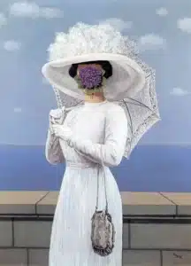 René Magritte The Great War 1964 René Magritte The Great War 1964 Woman in a long white dress and large hat stands by a sea wall, holding a lace parasol with a purple flower obscuring her face.