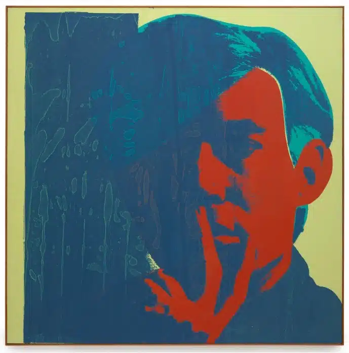 Pop-art style portrait of a man with his hand near his mouth, rendered in red and blue on a pale background with a framed edge.