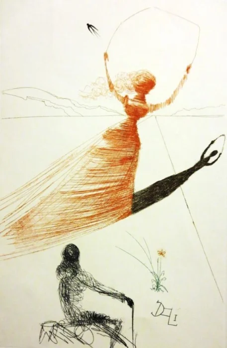 Alices Adventures in Wonderland Dali - Sivi's Books Alices Adventures in Wonderland Dali Large abstract figure in orange with flowing dress raises a loop above her head, set against a pale landscape; a smaller seated figure with a cane watches nearby, with a single yellow flower and simple line drawing elements nearby.