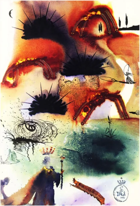 Alices Adventures in Wonderland Dali- איור 2 מתוך - Sivi's Books Alices Adventures in Wonderland Dali- איור 2 מתוך Abstract surreal watercolor with orange-brown patches, black spiky bursts, and doodle-like figures including a bird and circular logo in the corner.