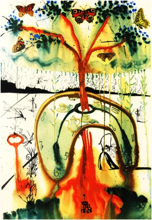 Alices Adventures in Wonderland Dali- איור מתוך - Sivi's Books Alices Adventures in Wonderland Dali- איור מתוך Surreal painting of a red tree with clock-face arches, butterflies overhead, and a teapot scene inside the rings.