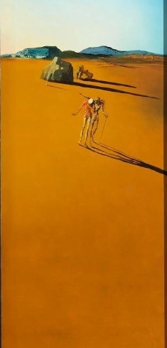 Salvador Dalí Landscape with a Girl Skipping Rope 1936 - פרט מ - Sivi's Books Salvador Dalí Landscape with a Girl Skipping Rope 1936 - פרט מ Surreal desert scene with a small human figure walking, casting a long shadow on orange sand, distant rocks under a pale blue sky.