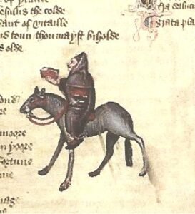 Medieval rider in a dark cloak on a grey horse, holding an open book against parchment text.
